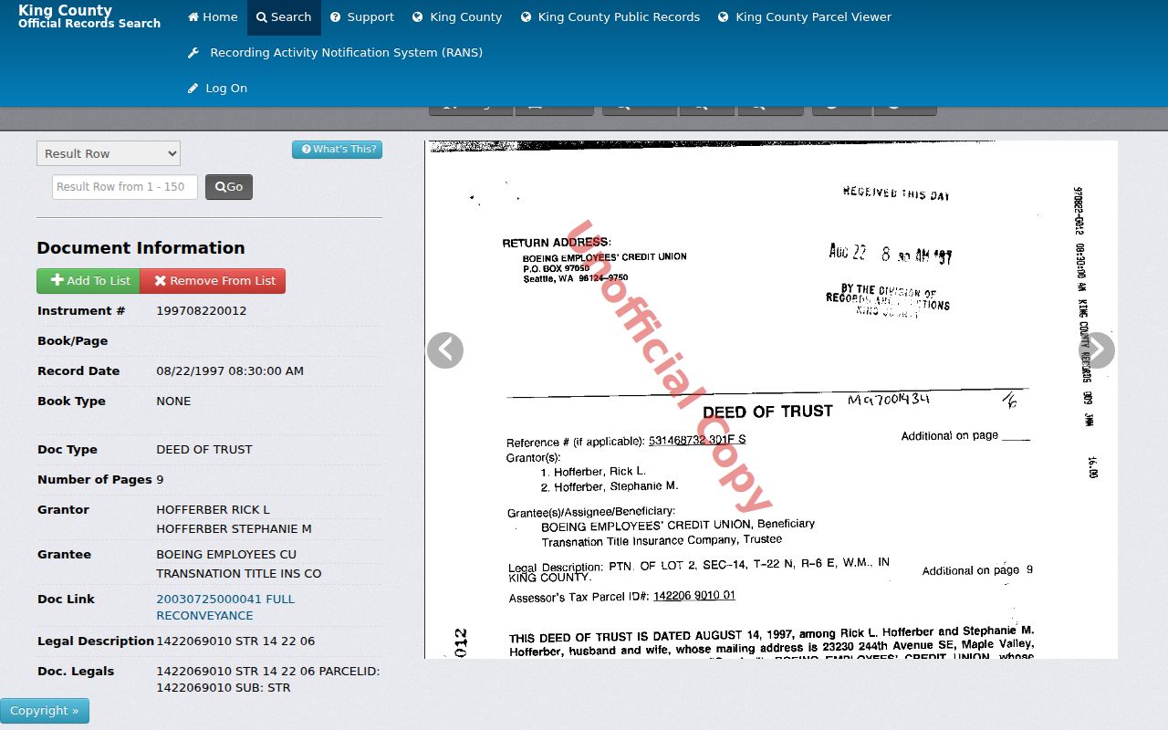 Kenmore street directory deed search by parcel