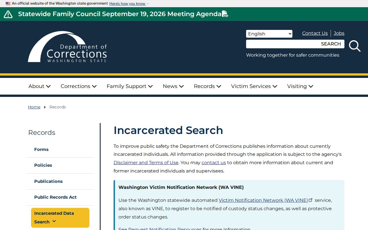 Washington Department of Corrections inmate search for a Kenmore name check