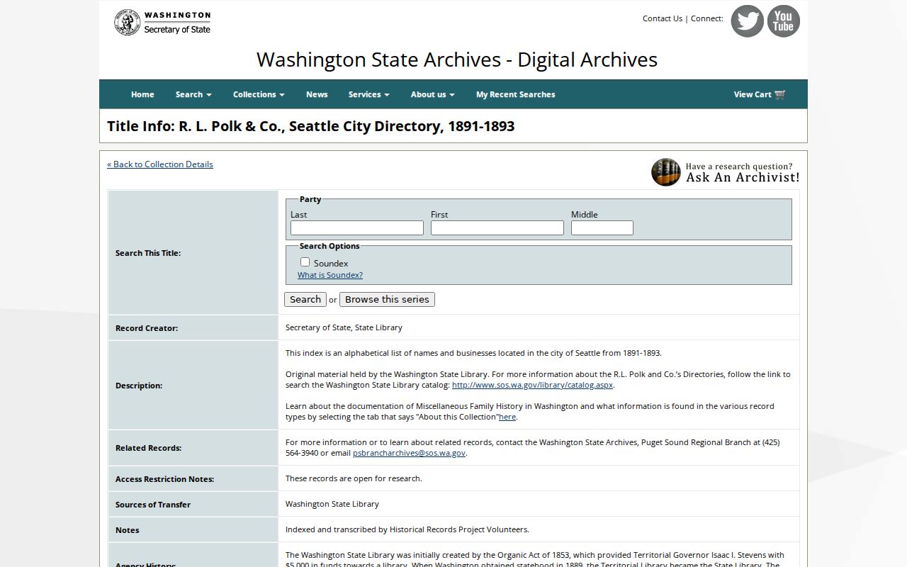 Washington Digital Archives R.L. Polk Seattle directory collection page
