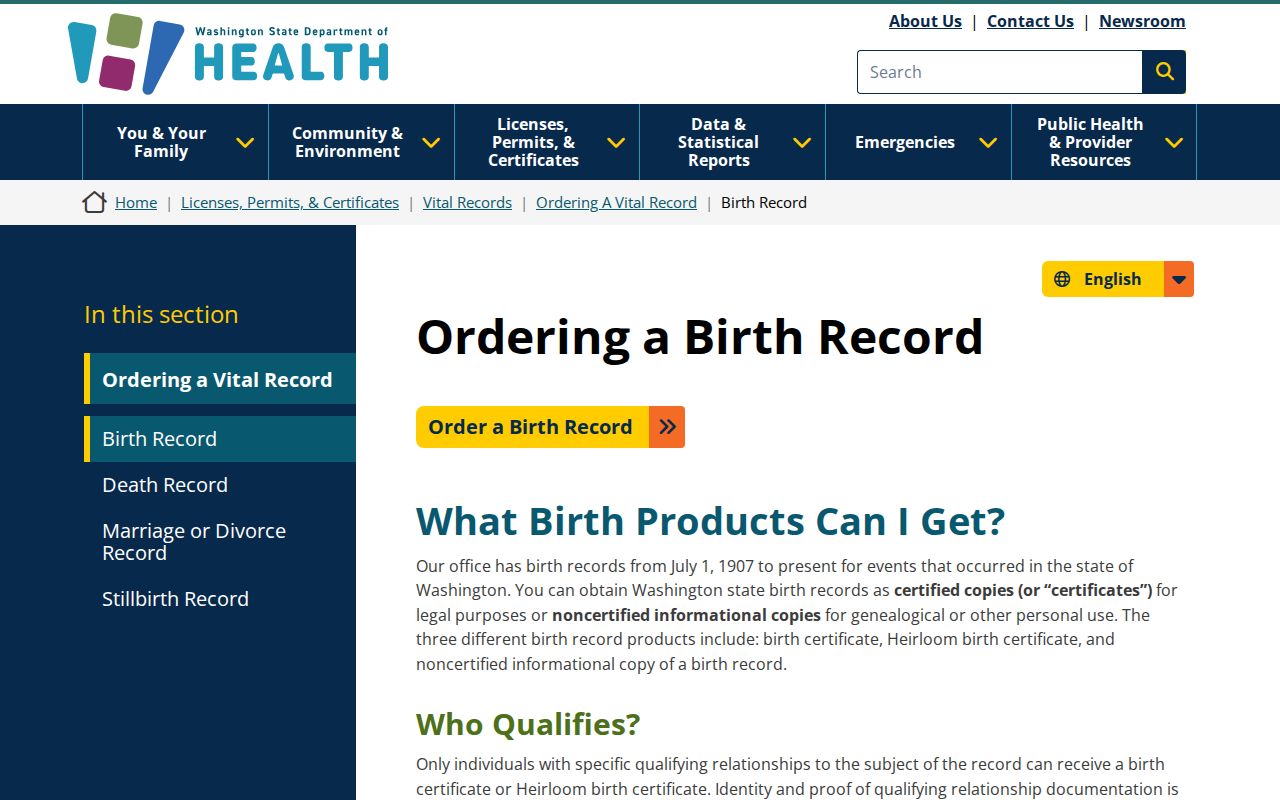 Washington Department of Health vital record ordering page for Kenmore searches